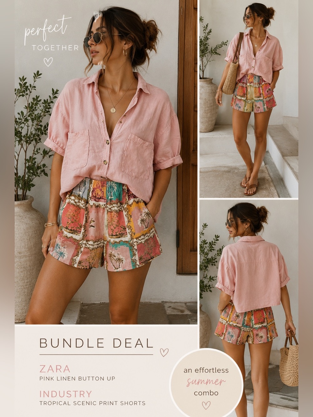 Zara Pink Linen Shirt + Industry Tropical Shorts 2 Piece Resort Outfit XS/S
